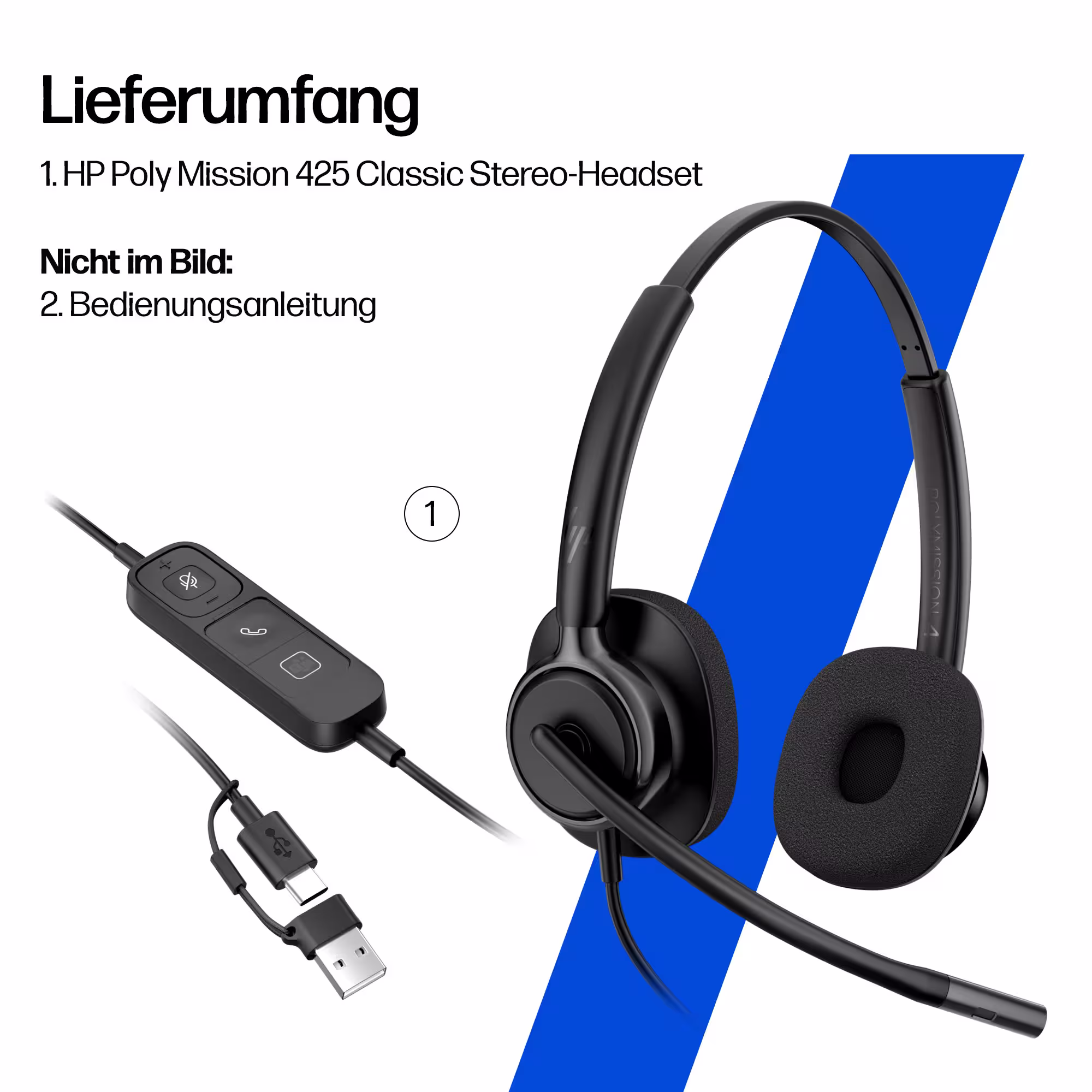HP Poly Mission 425 Classic Stereo USB-C/A Headset mit Schaumstoffpolster mit USB-C auf USB-A Adapter