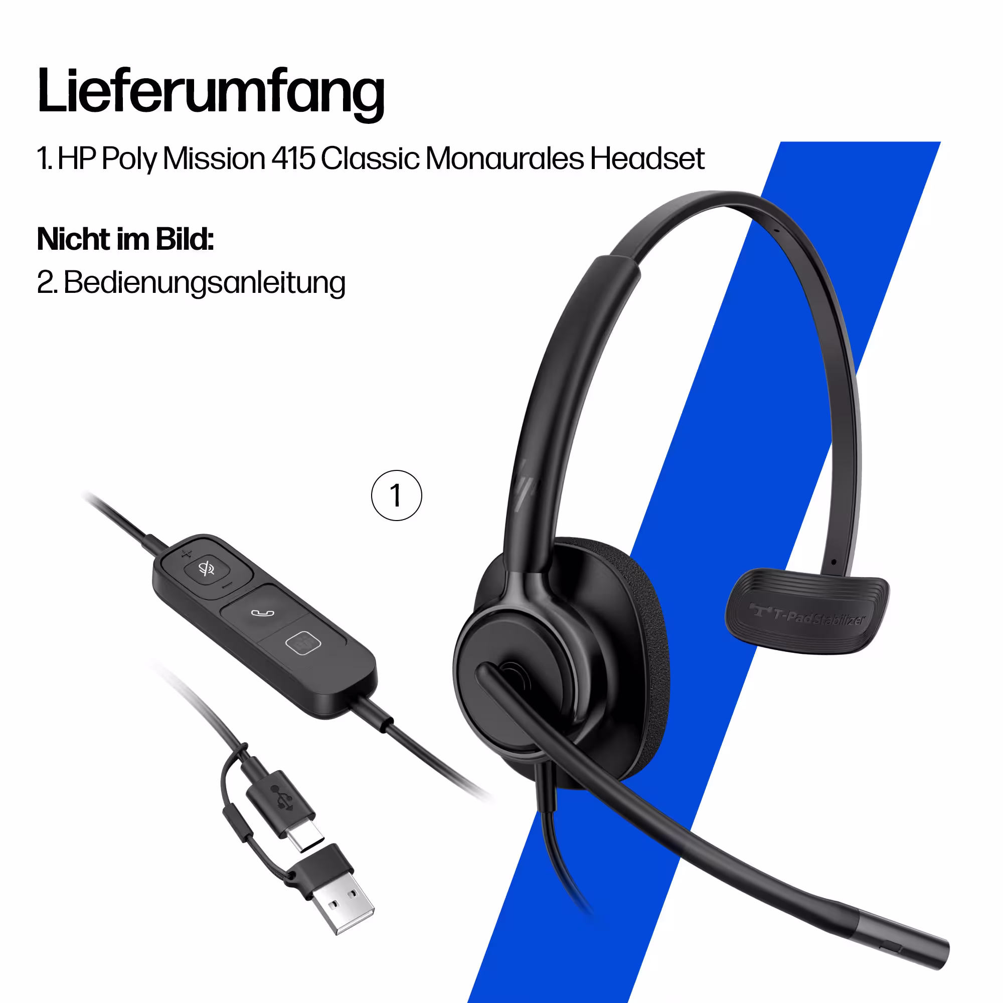 HP Poly Mission 415 Classic Monaural USB-C/A Headset mit Schaumstoffpolster mit USB-C auf USB-A Adapter