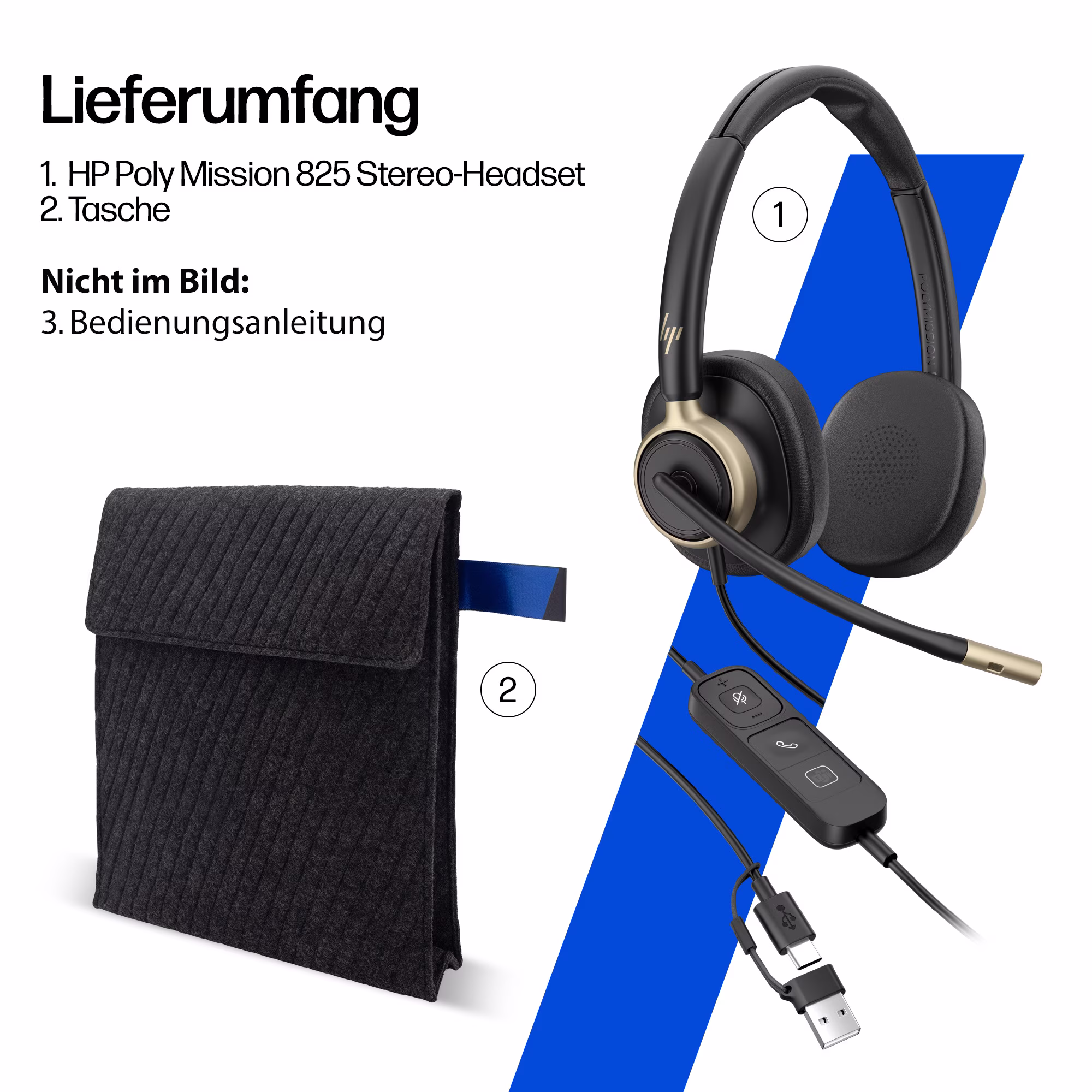 HP Poly Mission 825 Stereo ANC USB-C/A Headset mit Kunstlederpolster mit USB-C auf USB-A Adapter