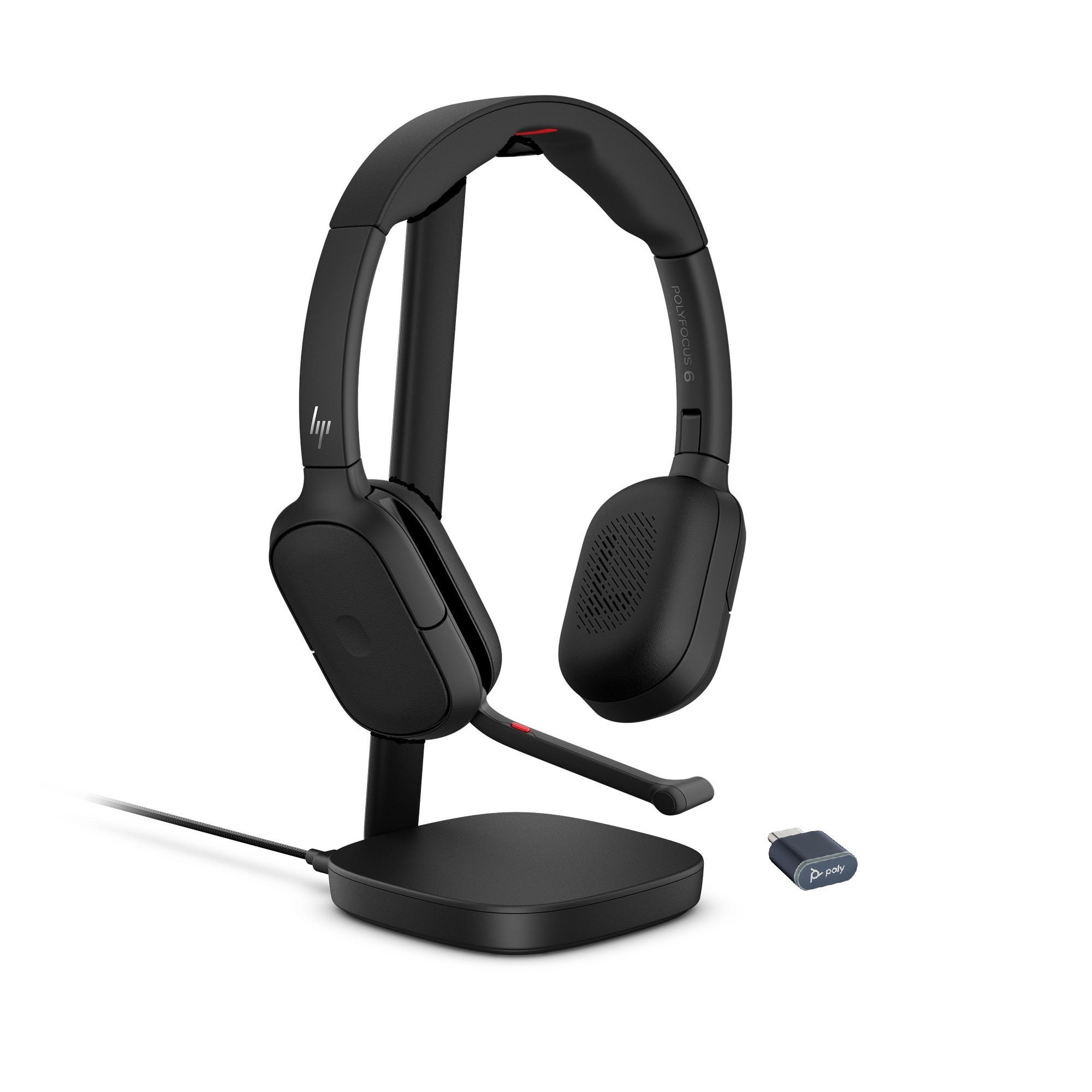 HP Poly Focus 625 WCS Stereo Bluetooth ANC Headset inkl. Focus Wireless Charge Stand & BT700 Bluetooth USB-C Dongle & USB-C auf USB-A Adapter
