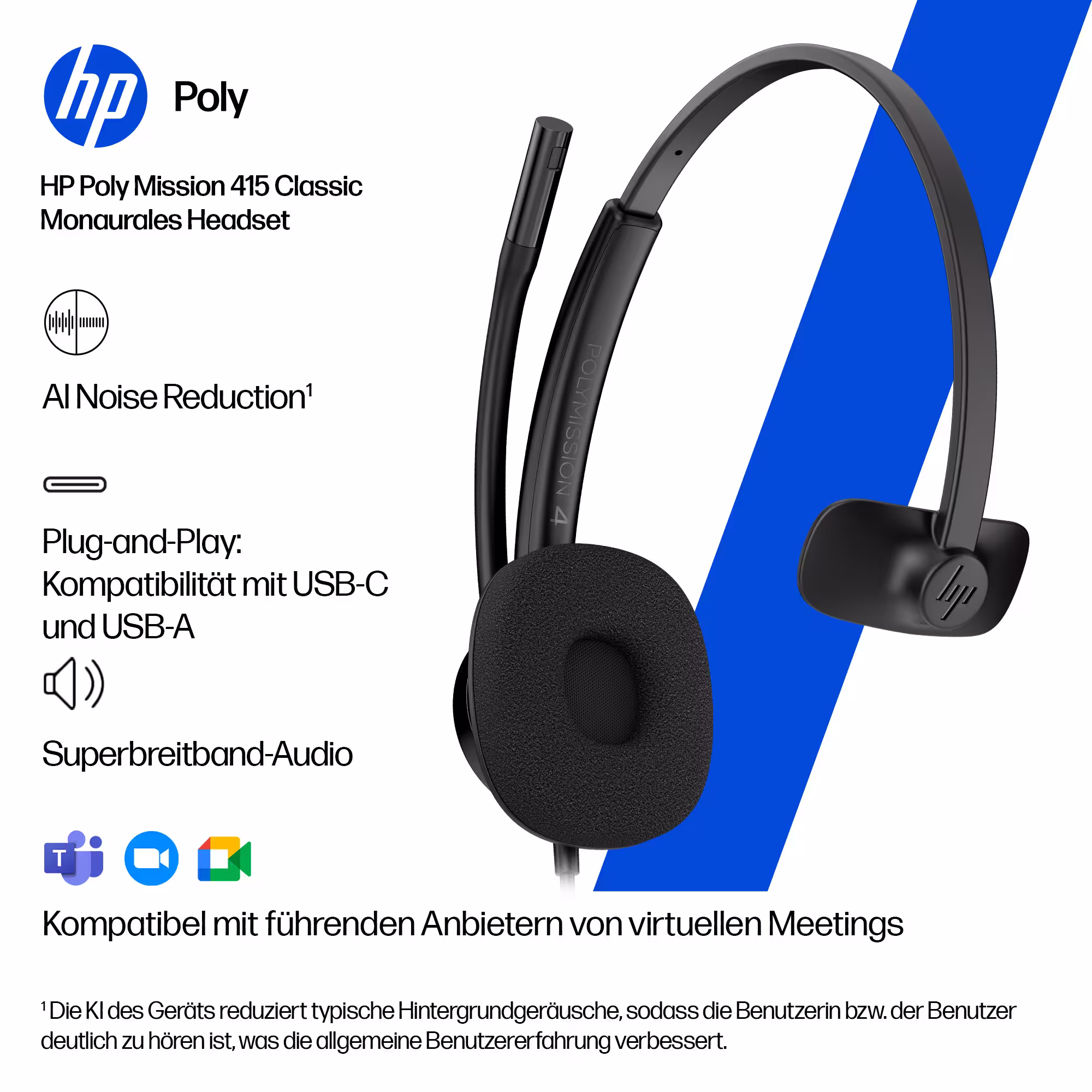 HP Poly Mission 415 Classic Monaural USB-C/A Headset mit Schaumstoffpolster mit USB-C auf USB-A Adapter