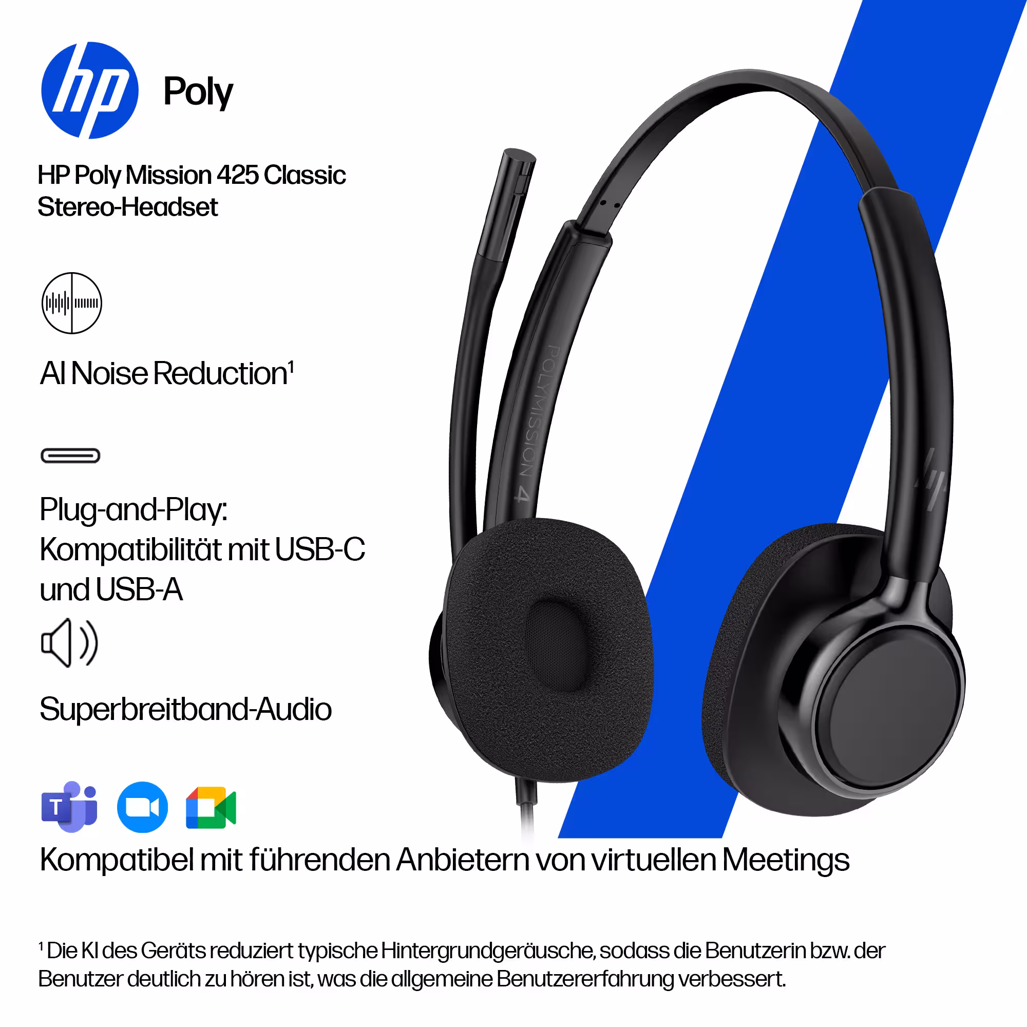 HP Poly Mission 425 Classic Stereo USB-C/A Headset mit Schaumstoffpolster mit USB-C auf USB-A Adapter
