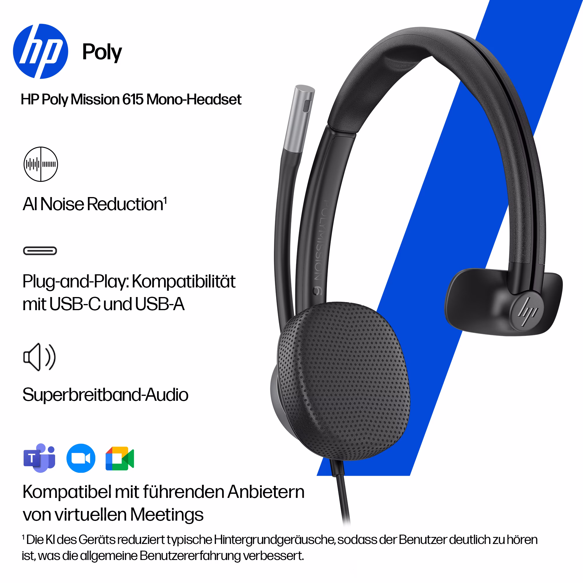 HP Poly Mission 615 Monaural USB-C/A Headset mit Kunstlederpolster mit USB-C auf USB-A Adapter