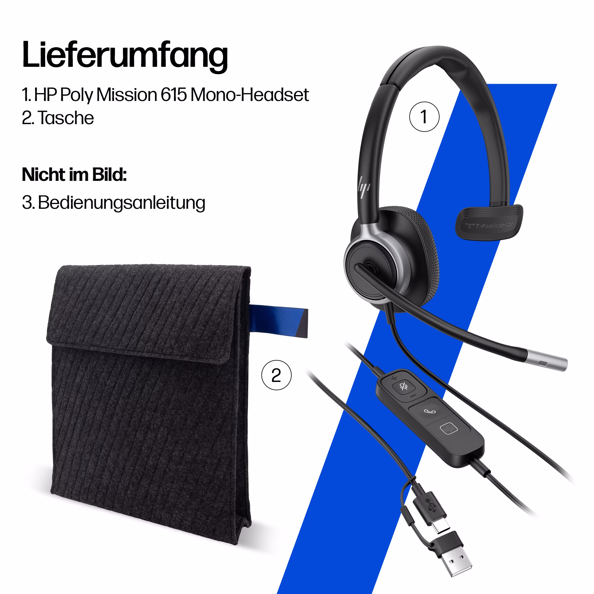 HP Poly Mission 615 Monaural USB-C/A Headset mit Kunstlederpolster mit USB-C auf USB-A Adapter