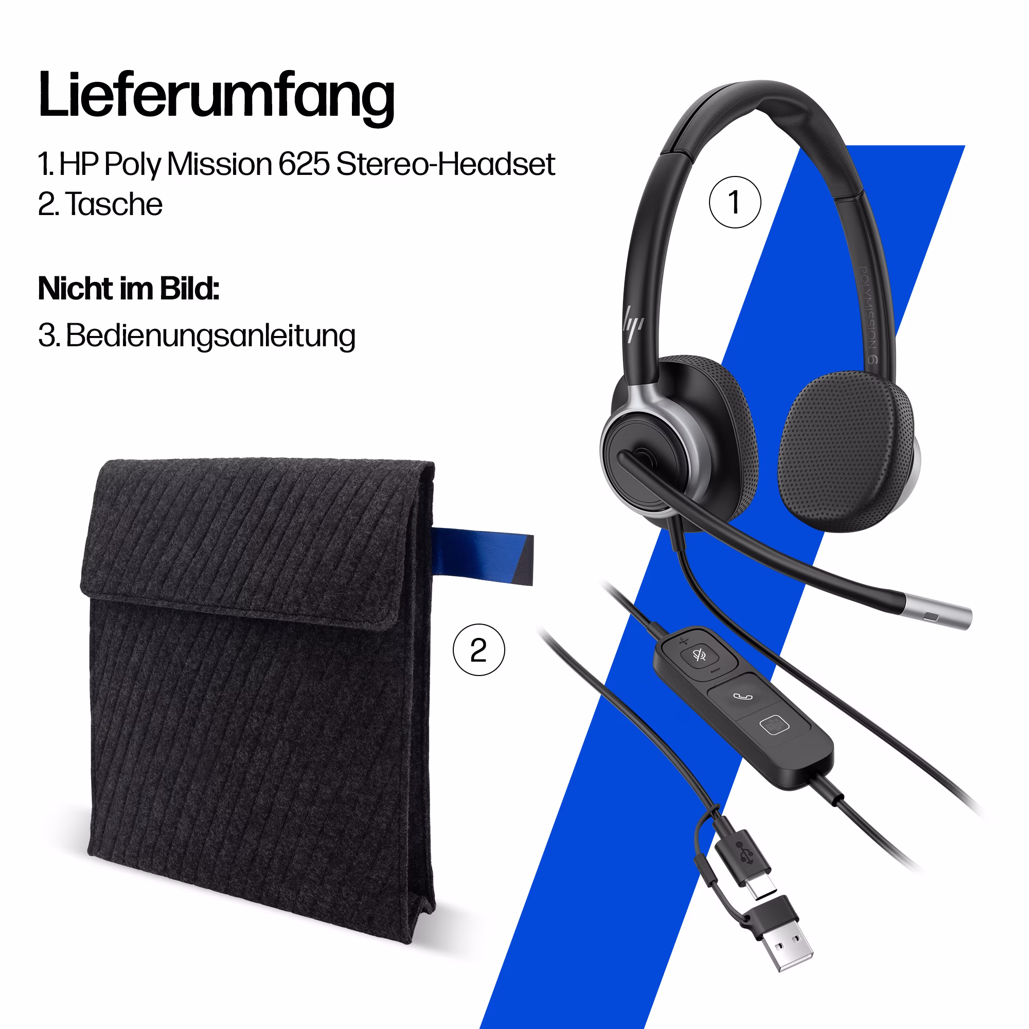 HP Poly Mission 625 Stereo USB-C/A Headset mit Kunstlederpolster mit USB-C auf USB-A Adapter