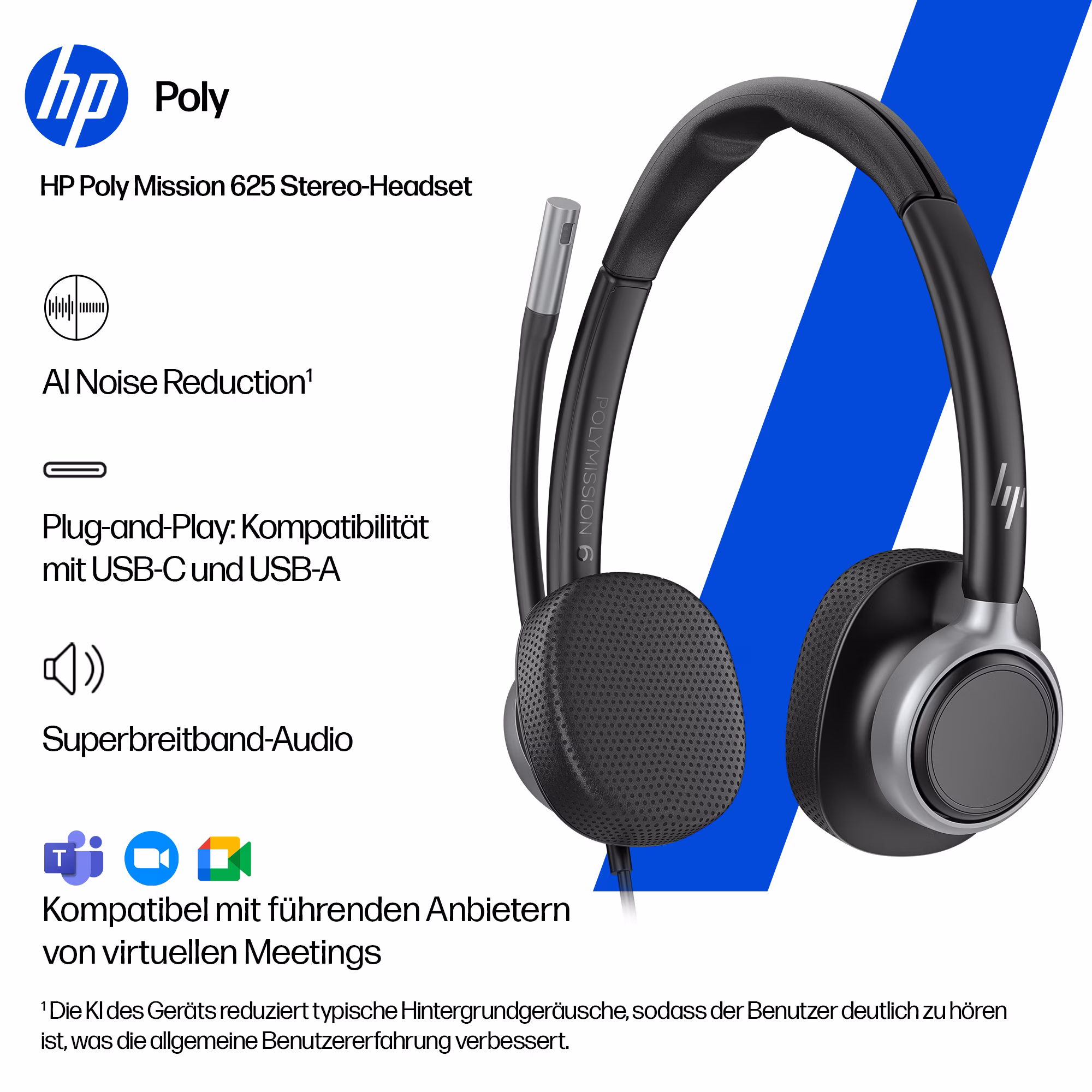 HP Poly Mission 625 Stereo USB-C/A Headset mit Kunstlederpolster mit USB-C auf USB-A Adapter