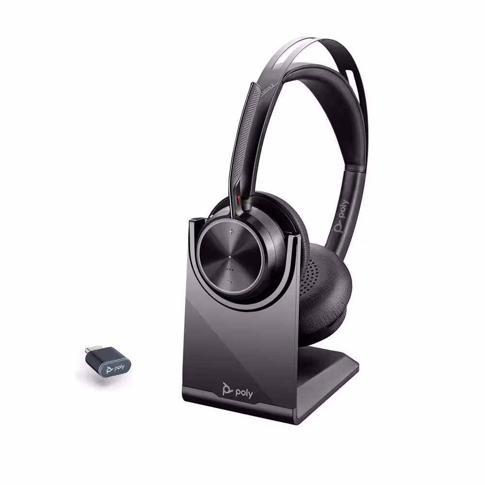 Poly Voyager Focus2 UC Station USB-C/-A UC Stereo ANC Bluetooth Headset inkl. Ladeschale & BT700 USB-C Dongle (&USB-A Adapter) für UC