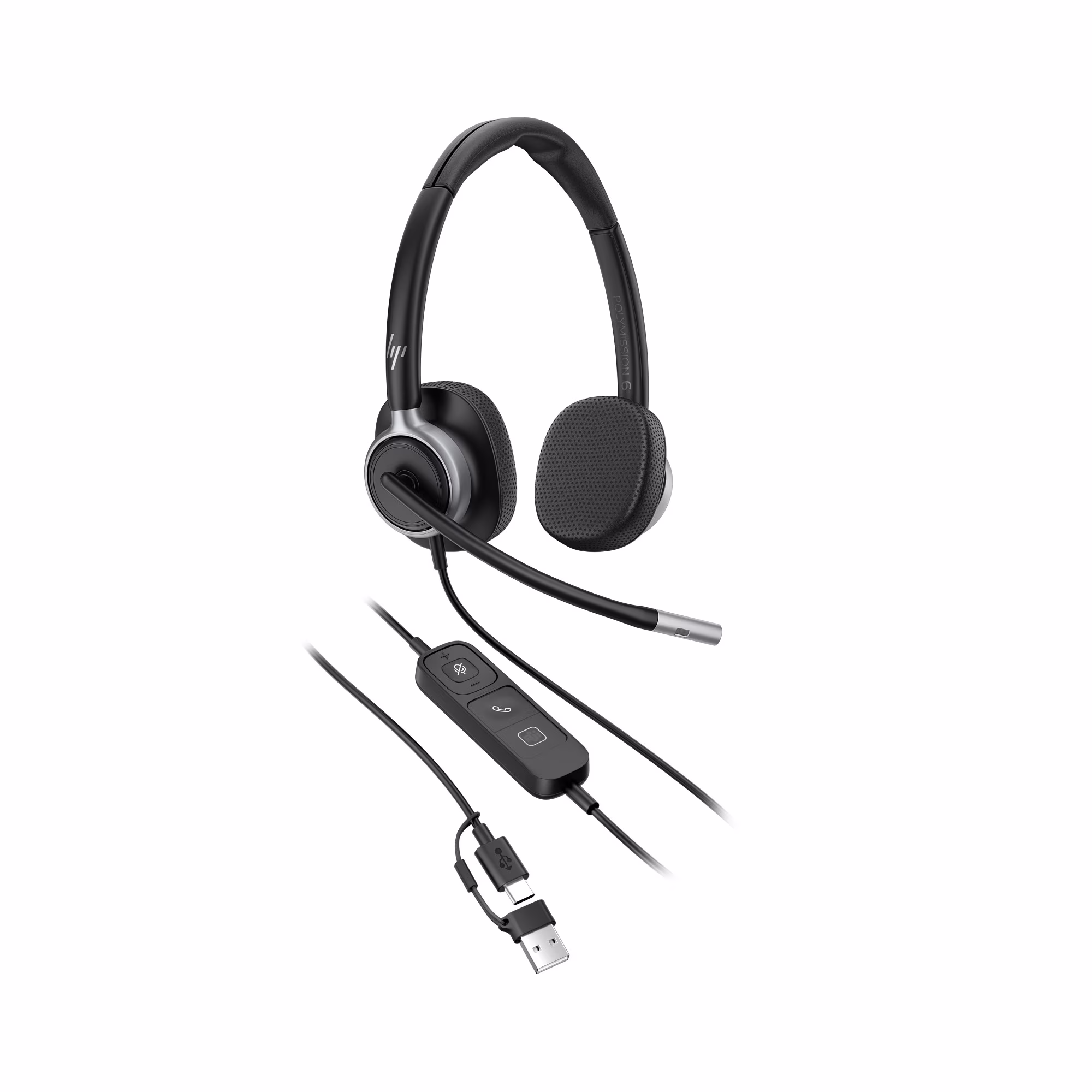 HP Poly Mission 625 Stereo USB-C/A Headset mit Kunstlederpolster mit USB-C auf USB-A Adapter