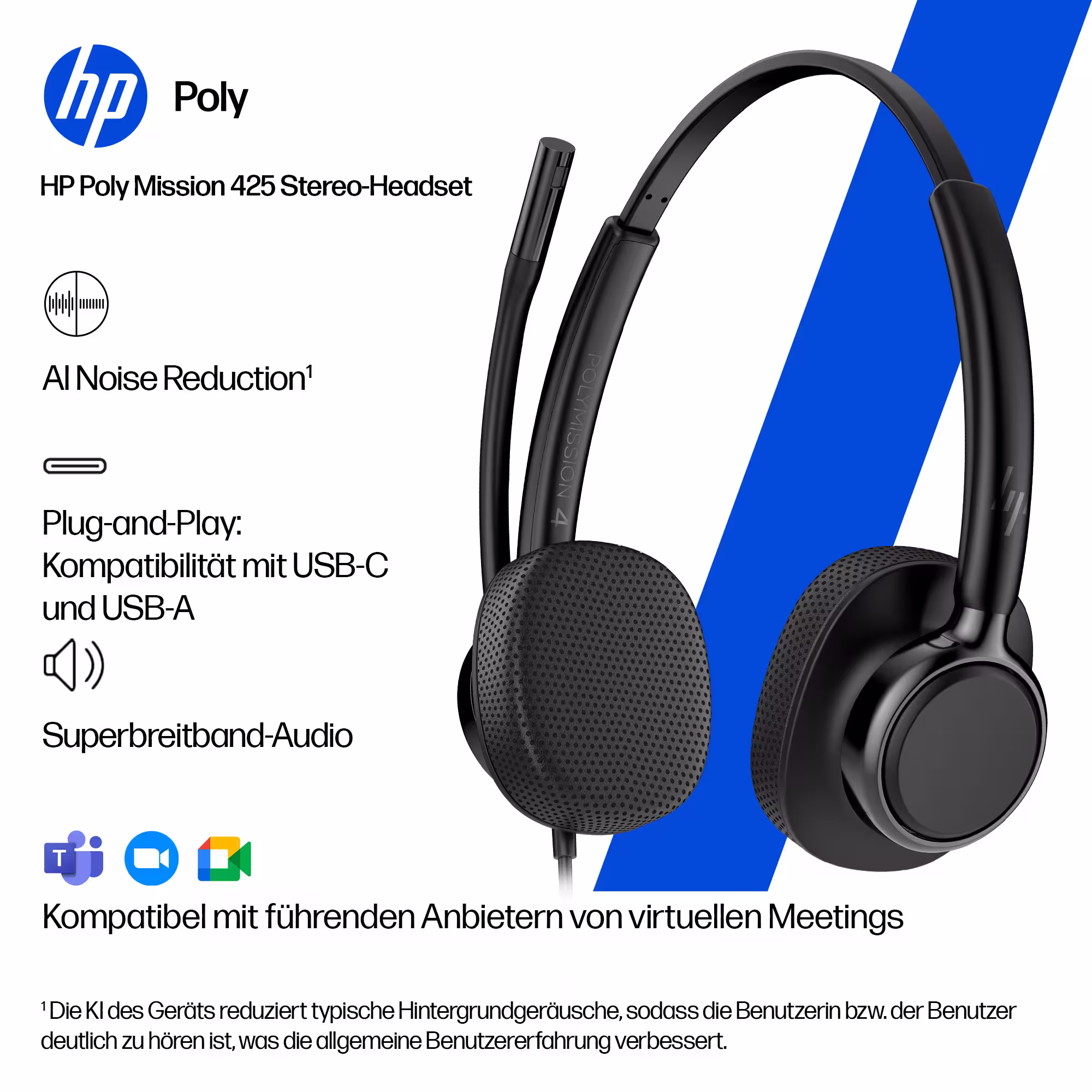 HP Poly Mission 425 Stereo USB-C/A Headset mit Kunstlederpolster mit USB-C auf USB-A Adapter
