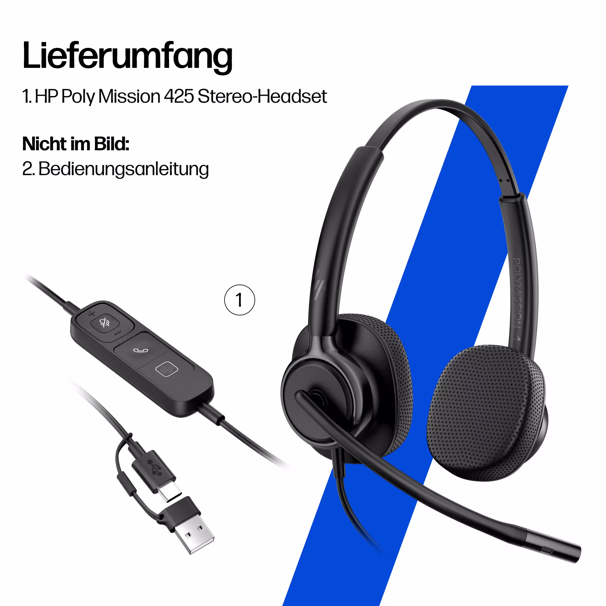 HP Poly Mission 425 Stereo USB-C/A Headset mit Kunstlederpolster mit USB-C auf USB-A Adapter