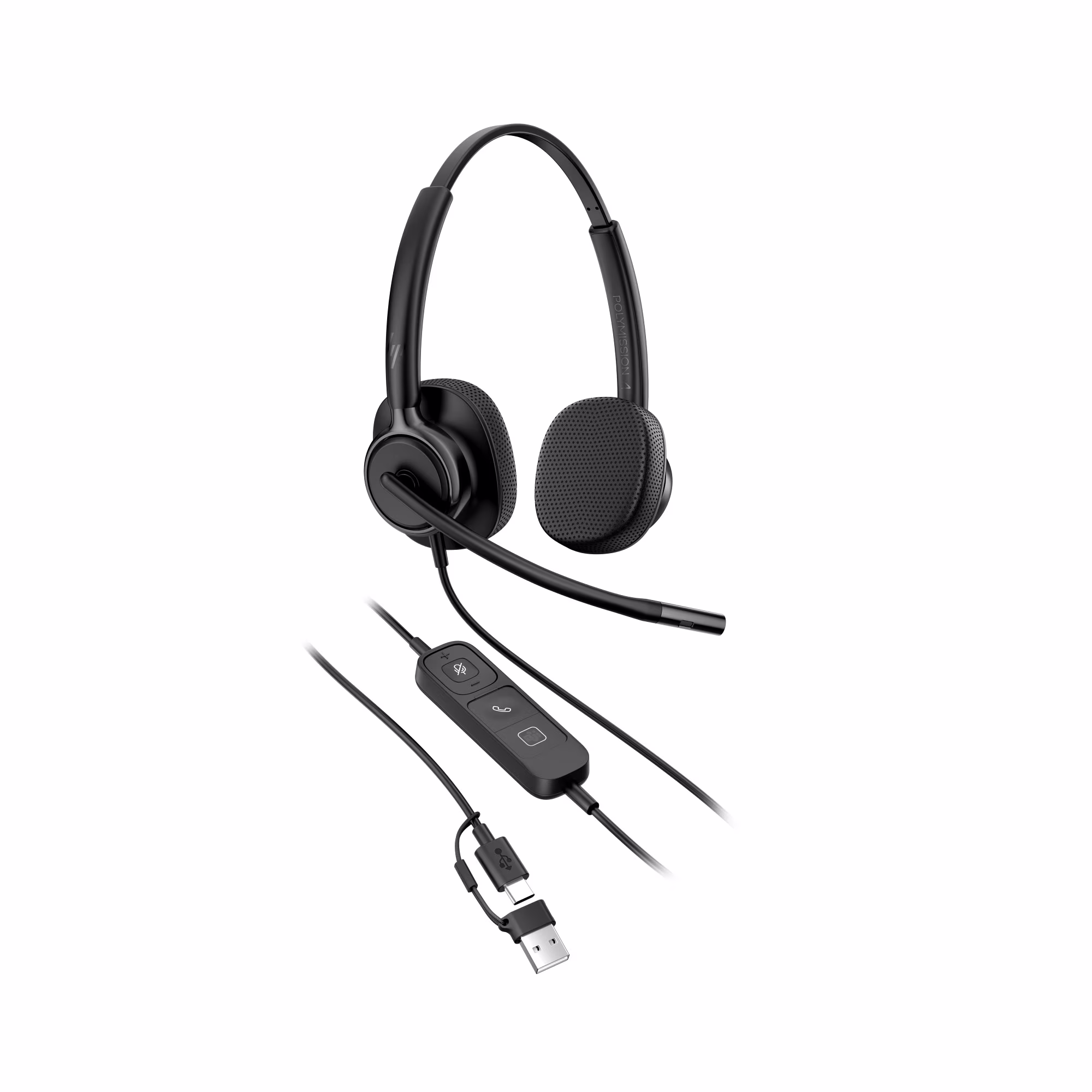 HP Poly Mission 425 Stereo USB-C/A Headset mit Kunstlederpolster mit USB-C auf USB-A Adapter