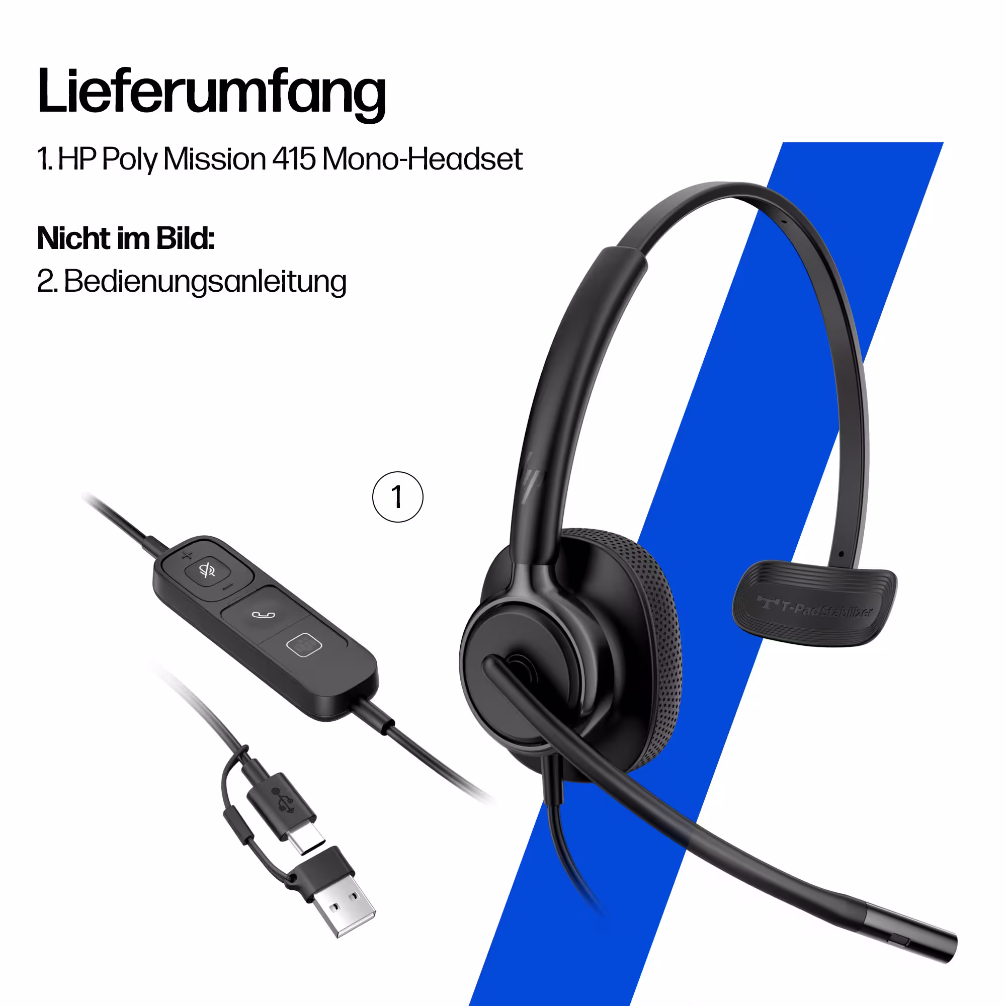 HP Poly Mission 415 Monaural USB-C/A Headset mit Kunstlederpolster mit USB-C auf USB-A Adapter