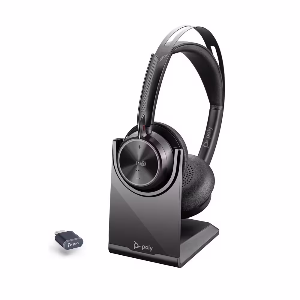 Poly Voyager Focus2 UC-M Station USB-C/-A Teams Stereo ANC Bluetooth Headset inkl. Ladeschale & BT700 USB-C Dongle (&USB-A Adapter) für Microsoft Teams