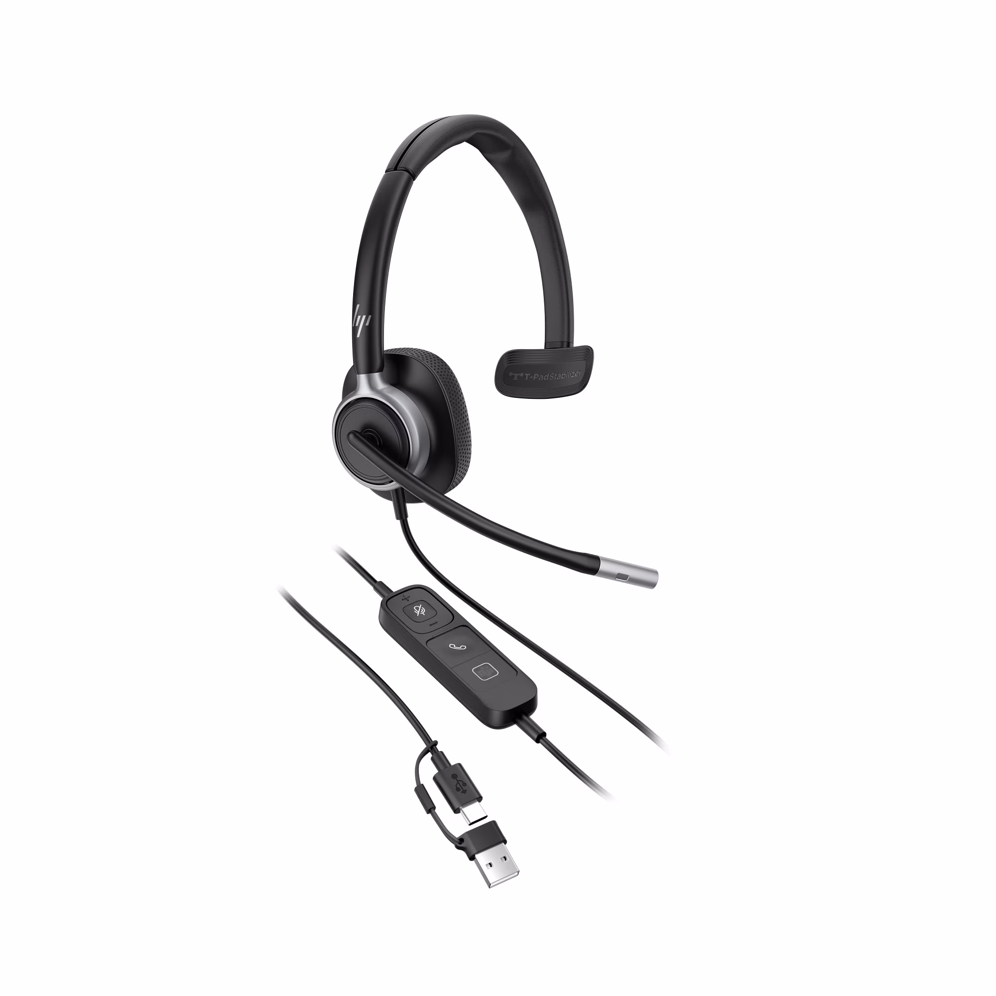 HP Poly Mission 615 Monaural USB-C/A Headset mit Kunstlederpolster mit USB-C auf USB-A Adapter