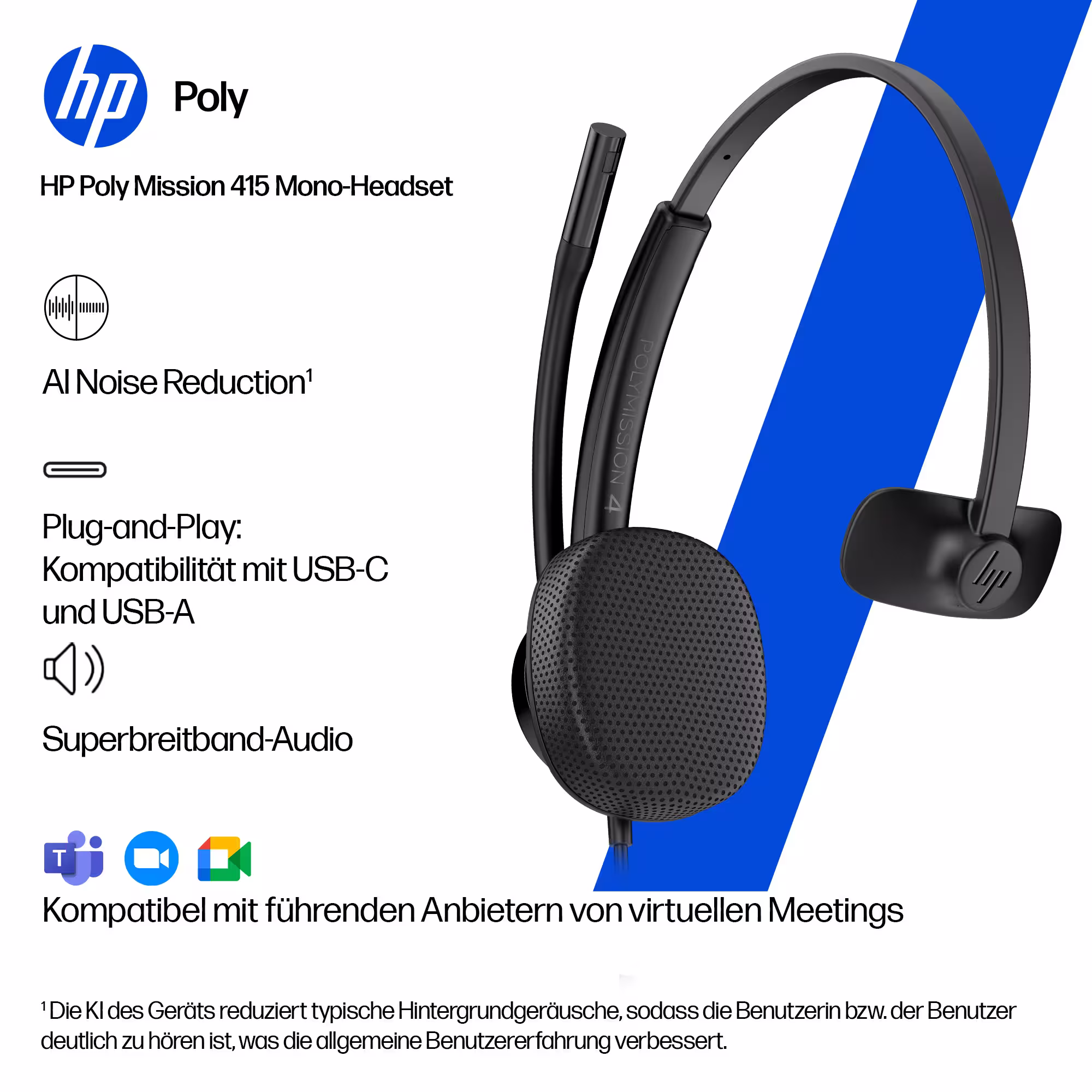 HP Poly Mission 415 Monaural USB-C/A Headset mit Kunstlederpolster mit USB-C auf USB-A Adapter
