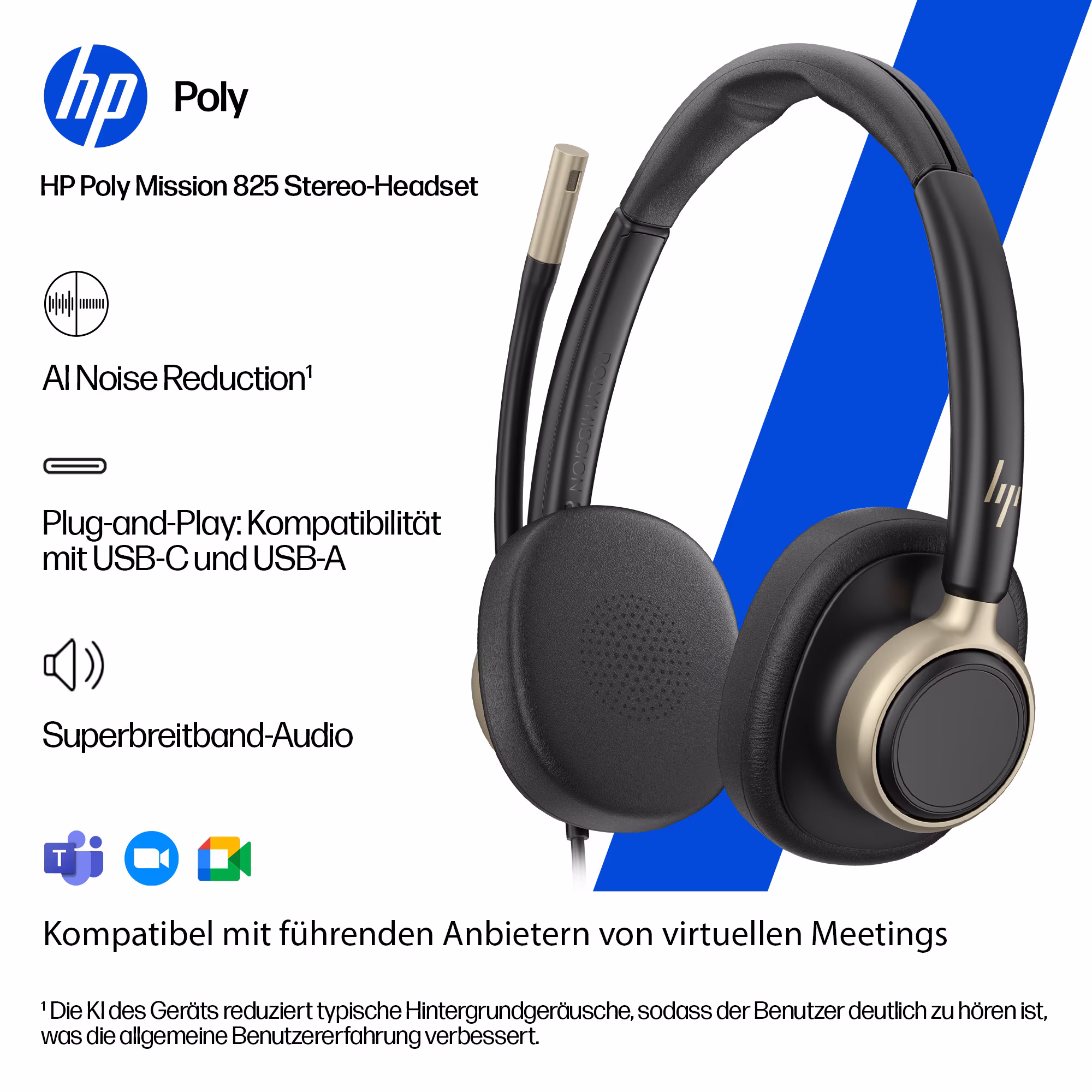 HP Poly Mission 825 Stereo ANC USB-C/A Headset mit Kunstlederpolster mit USB-C auf USB-A Adapter